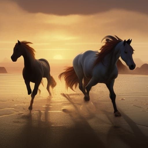 Horses running along a beach at sunset