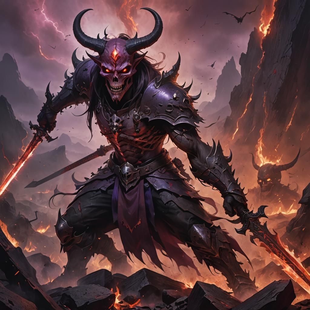 A menacing figure, possibly a warrior or a demon, with a sku...