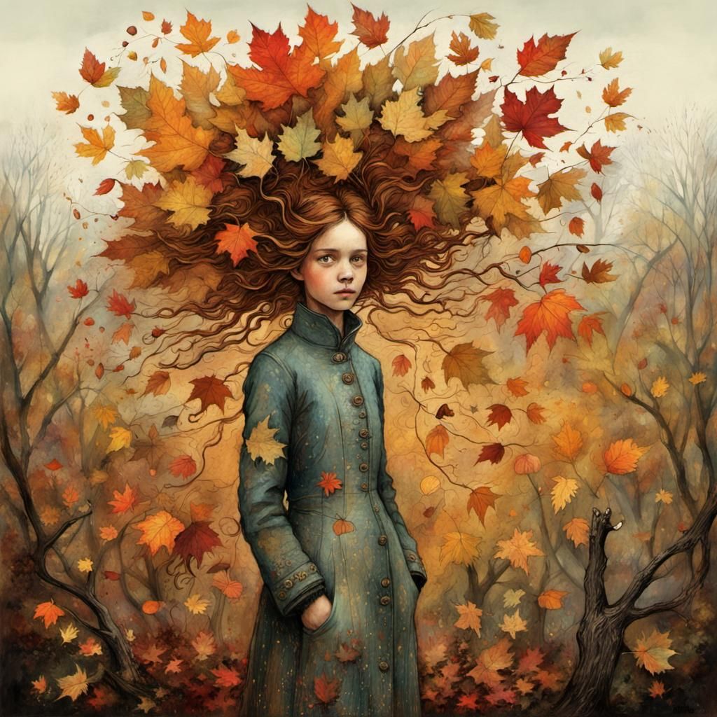Autumn girl with leaves on her head