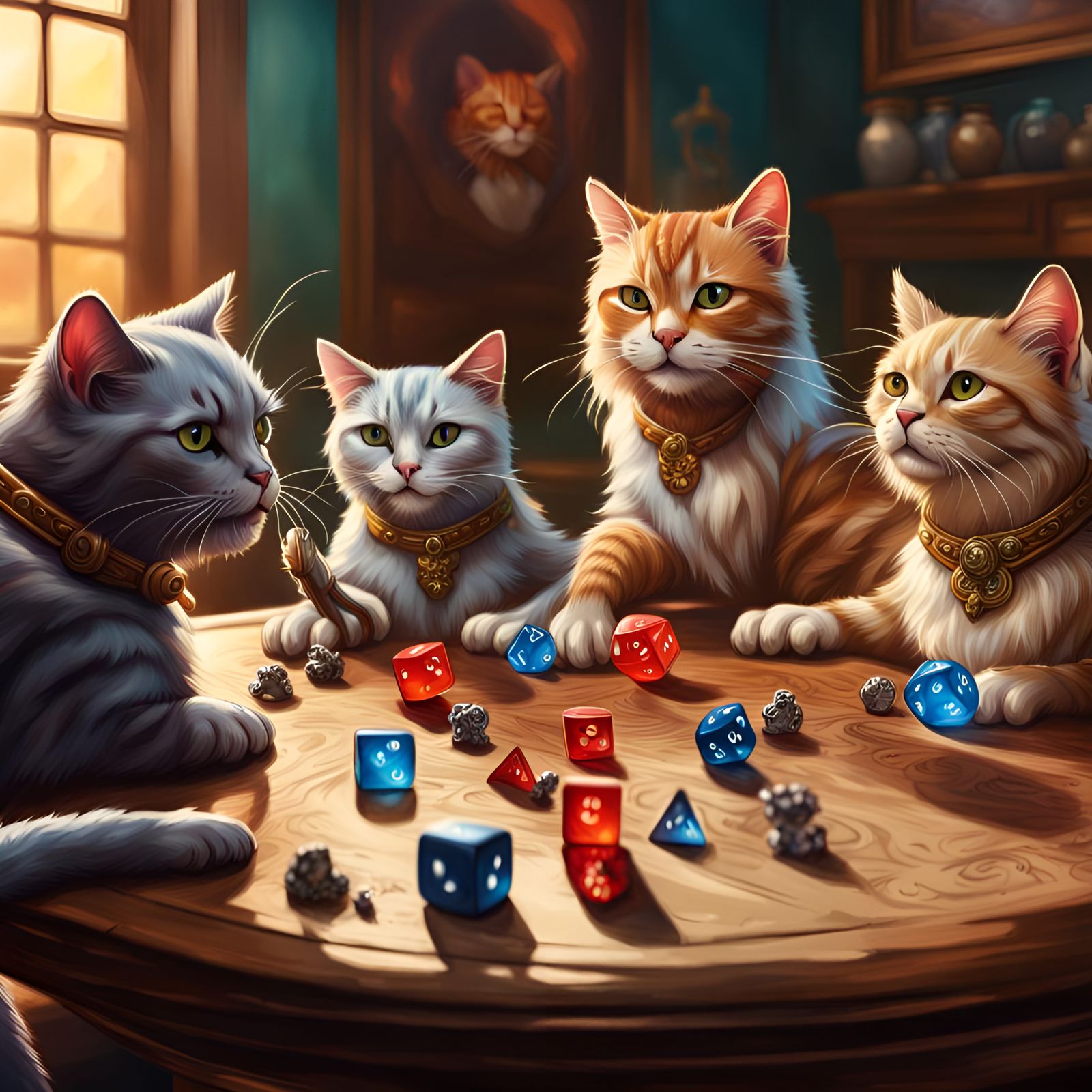 Cats playing dnd rolling dice around a table with miniatures  by @CharlyTheUnicorn