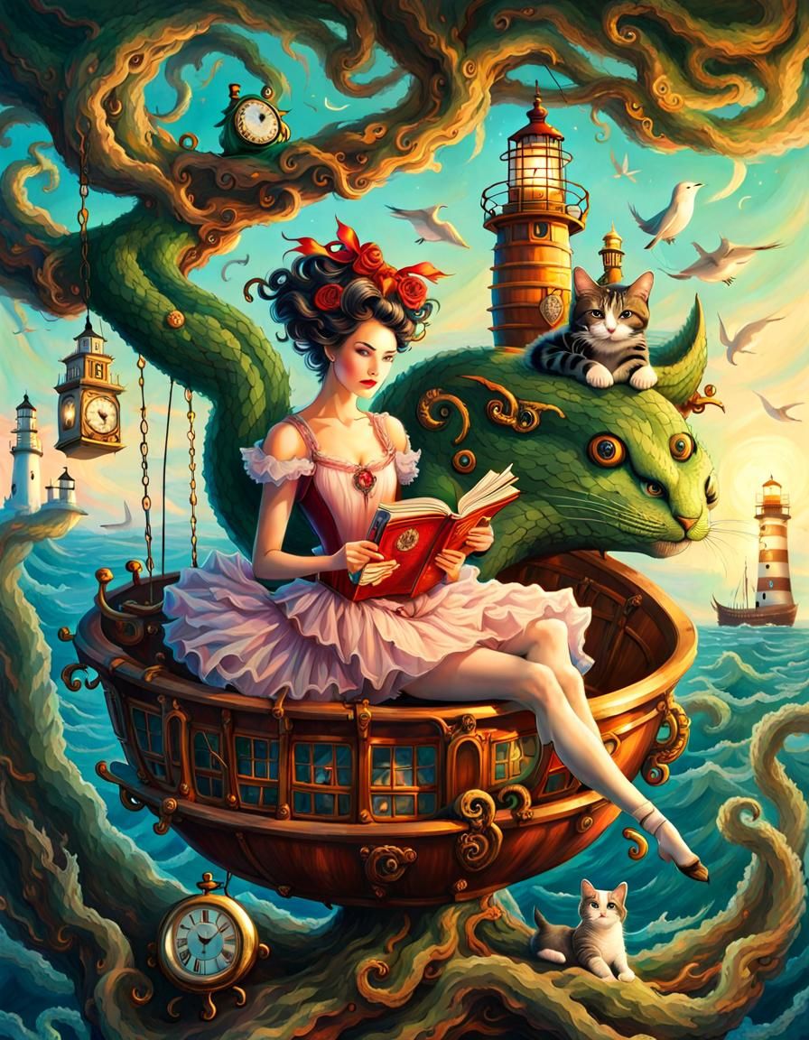 Dancing lady is taking a break in her pirate teacup in a dragon-cat-tree to read a book about jellyfish. ...  by @Tiny Pearl Cat