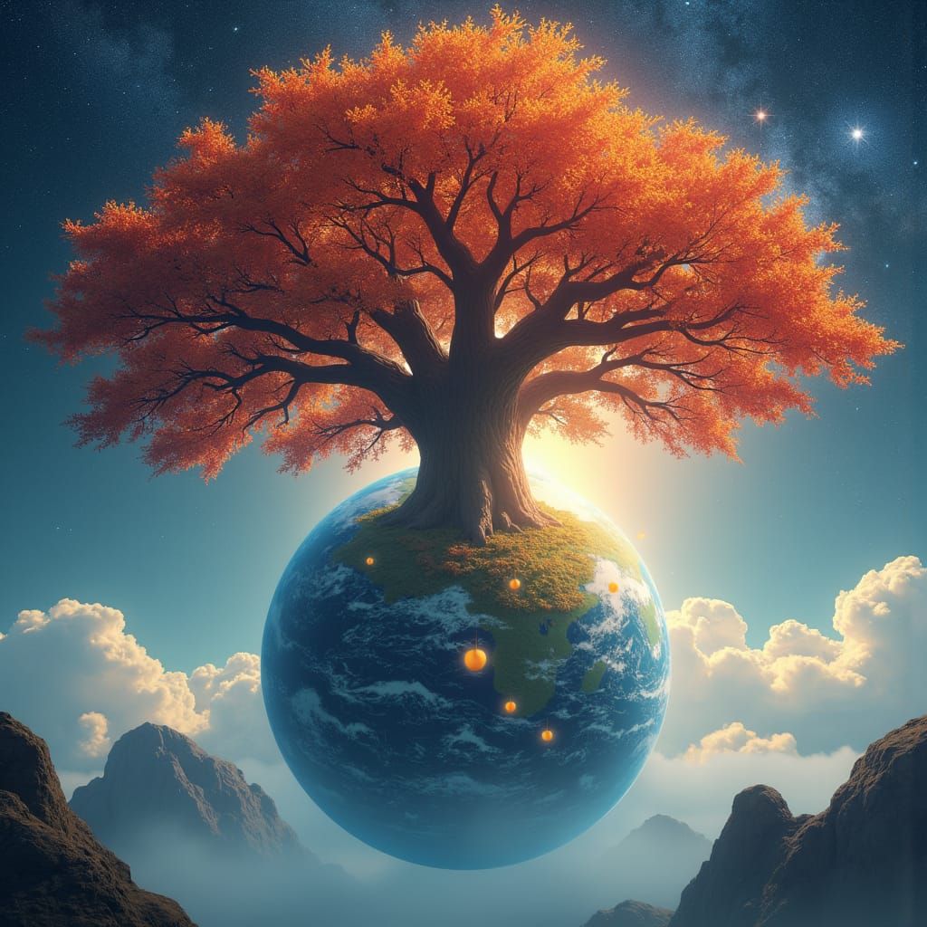 На нижней одной трети картинки находится планета Земля . Вокруг  Вселенная со звездами и млечным путем . в планете корни от дерева еле видны, дерево размером с планету Земля на...
