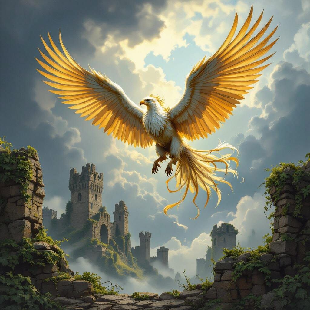 Majestic Griffin Soaring Above Forgotten Kingdom