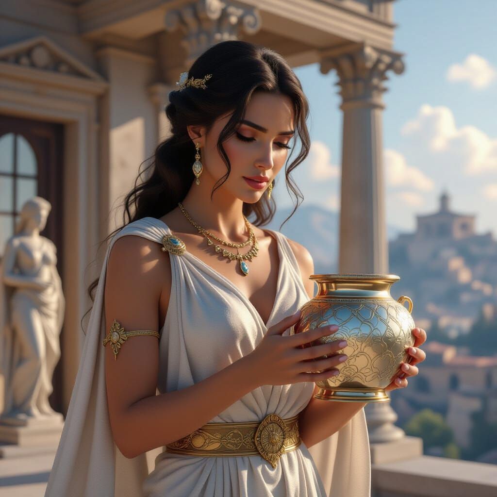 fantasized  beautiful Pandora in her Greek setting with the pearlescent shimmering Jar she has just opened against the God's wishes... She r...