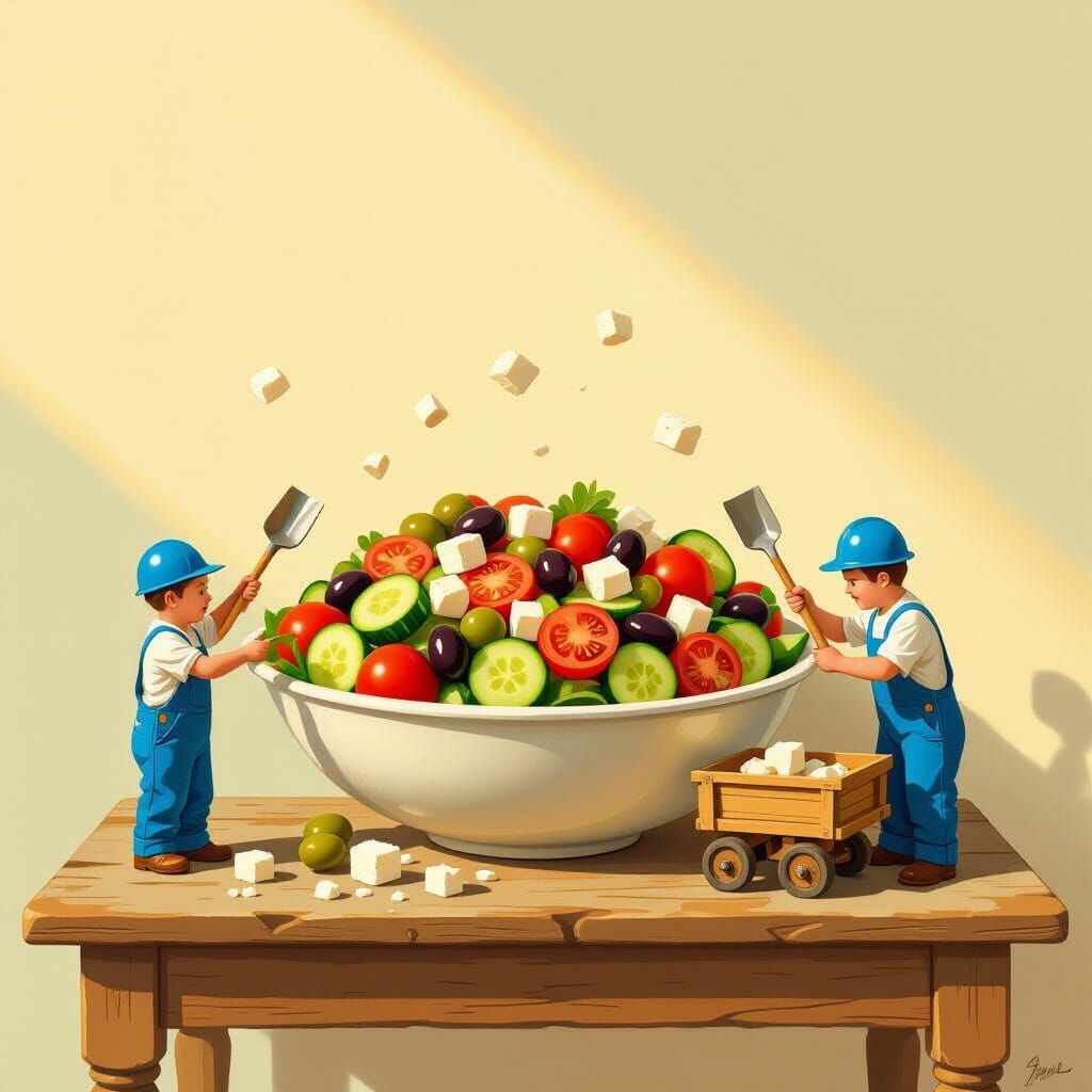 Vibrant Greek Salad Construction: Whimsical Illustration