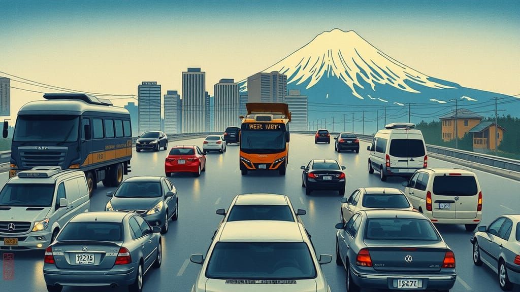 Art by Katsushika Hokusai, modern city traffic jam, vehicles...