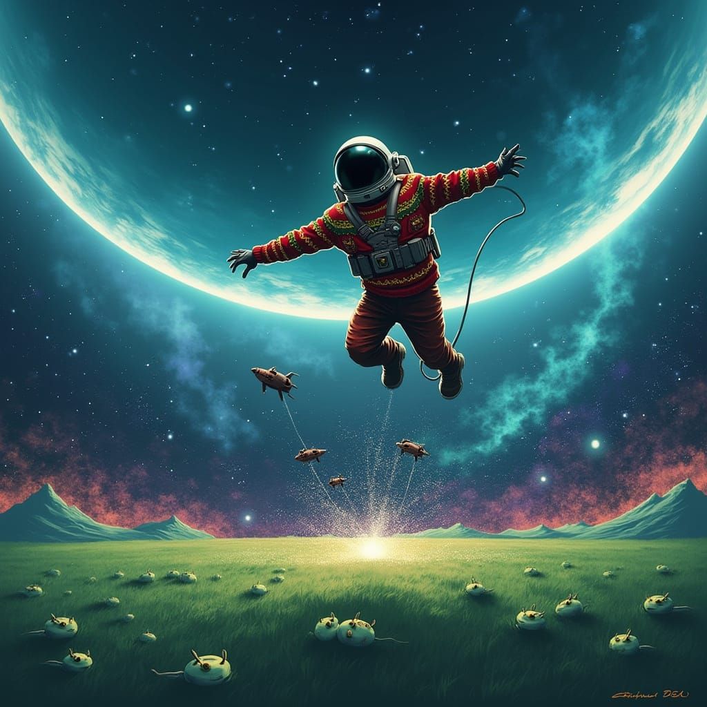 Astronaut Lost in Space with Neon Alien Sweater