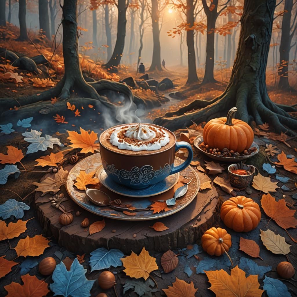 Pumpkin spicy cake , hot chocolate, falling leaves, autumn 