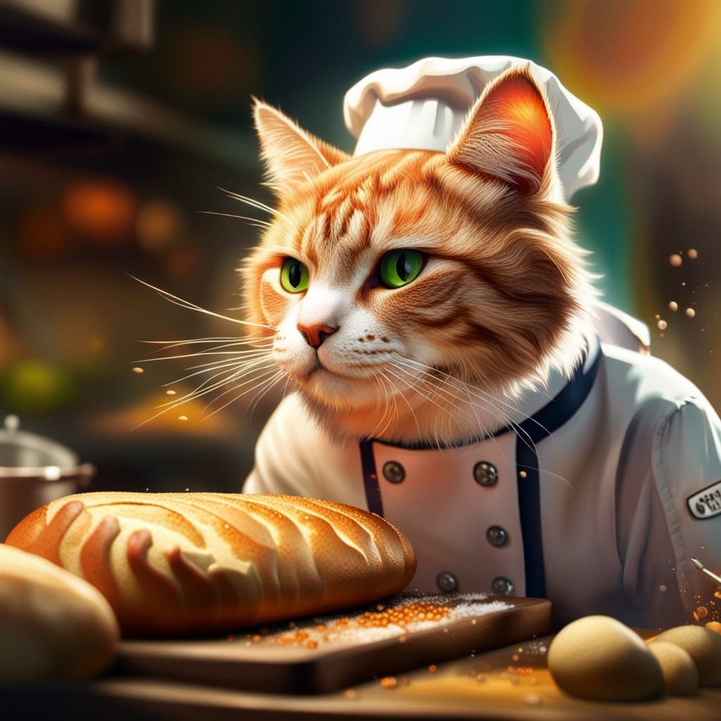 Cat Chef making Bread Hyperrealistic, splash art, concept art, mid shot ...