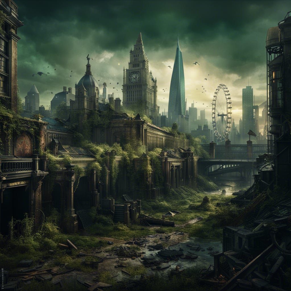 Post-apocalyptic view London city skyline  by @Duke
