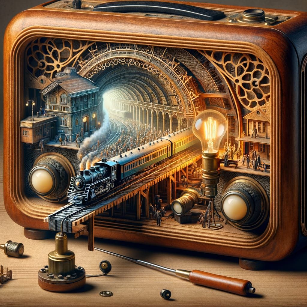 🚆📻 A railway station hidden within a vintage antique woode...