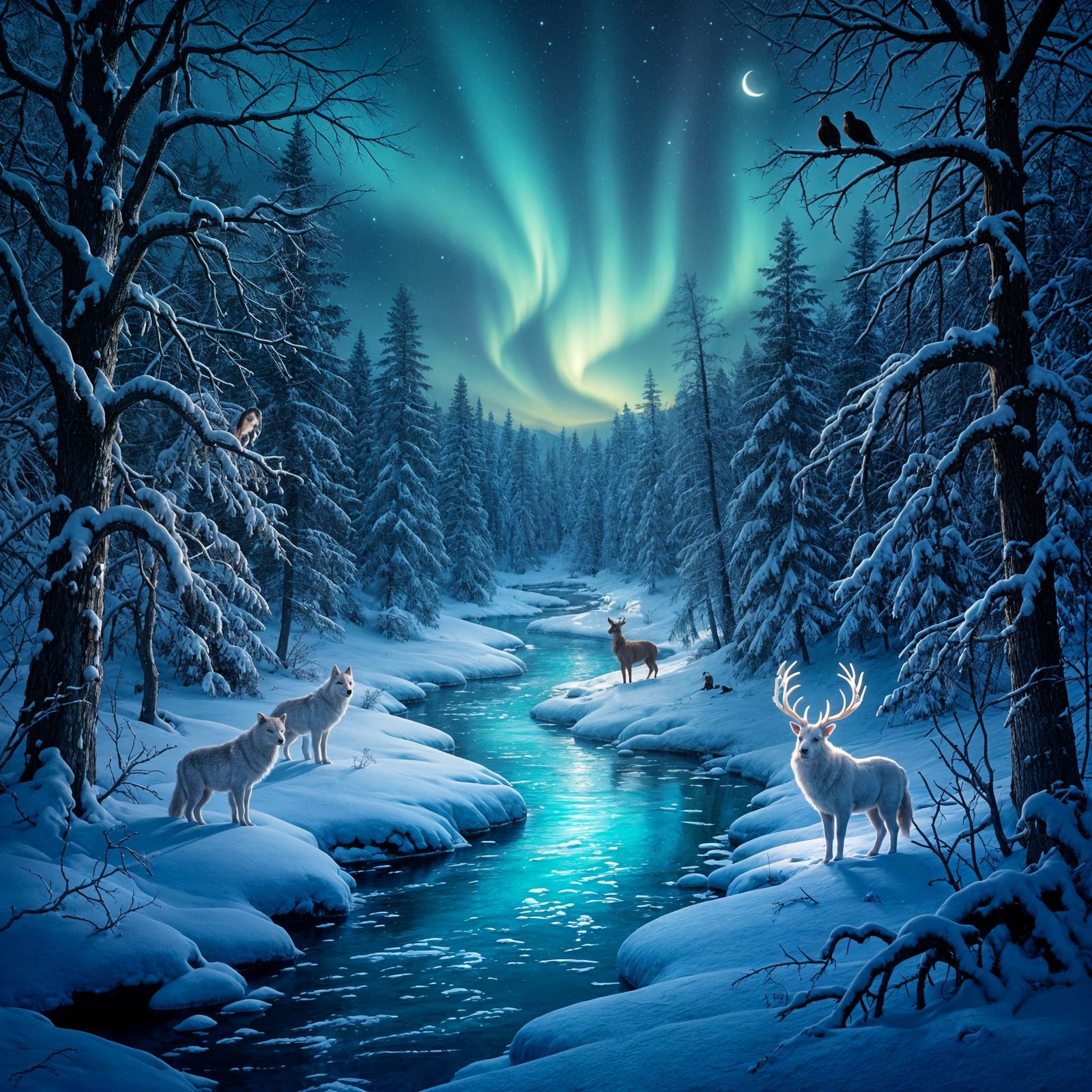 Enchanting Winter Forest at Night with Northern Lights