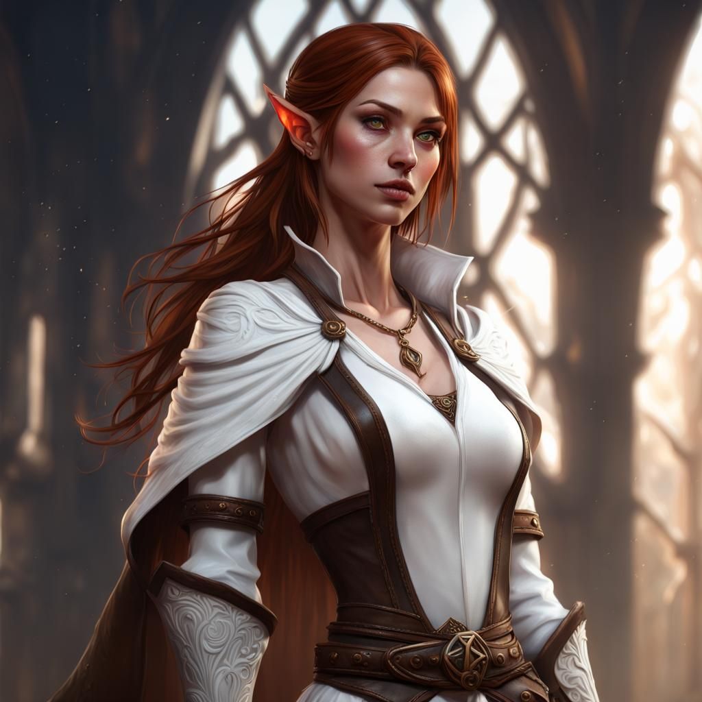 full-body-portrait, fantasy dnd female elf, cleric, redbrown...