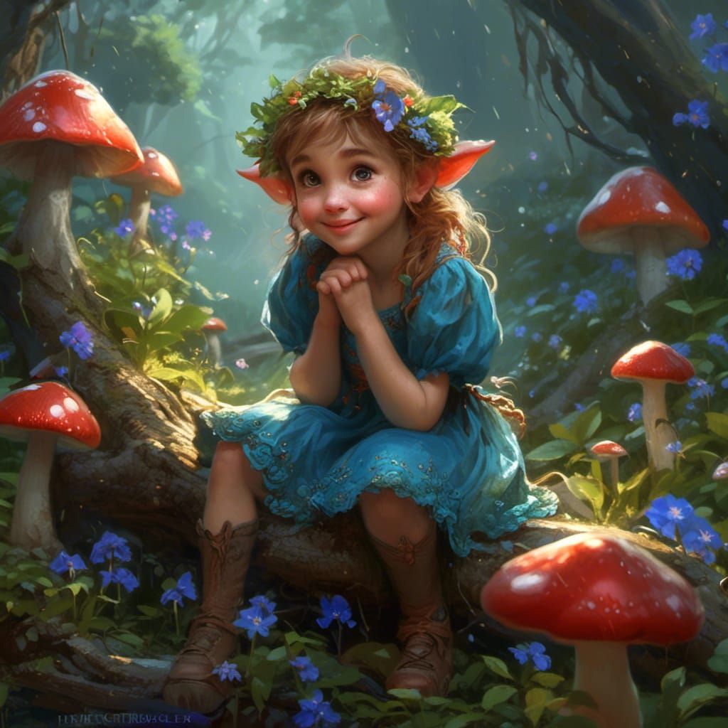<lora:FANTASY WORLD:1.0> a cute little elf girl, chubby and rosy cheeks, shining skin, big eyes,flowery dress, sitting on a tree trunk among...