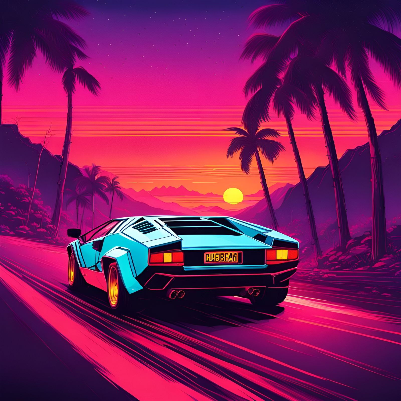 Lamborghini Countach, driving down a sunset road, retro 80's vibe, neon ...