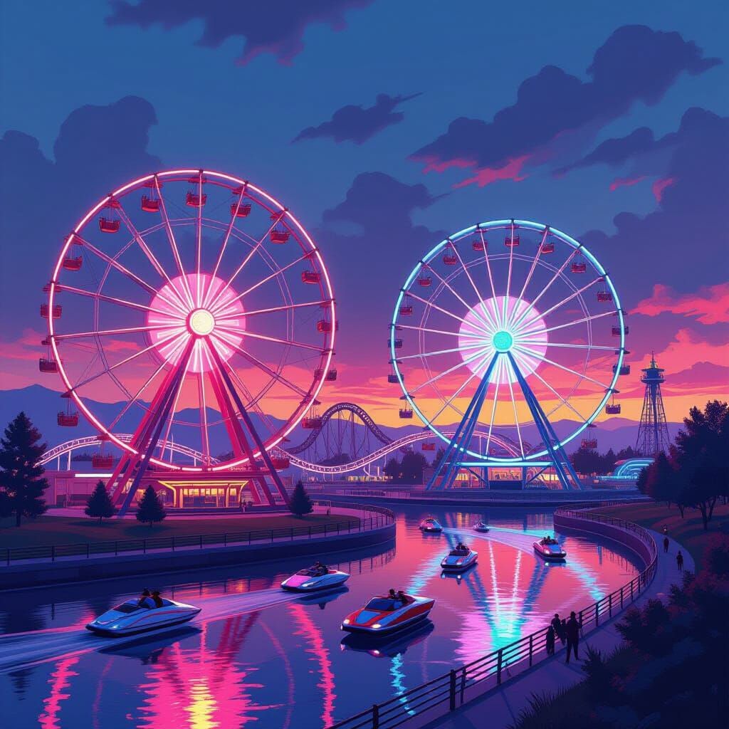 Vibrant Amusement Park at Dusk in Retro-Futuristic Style