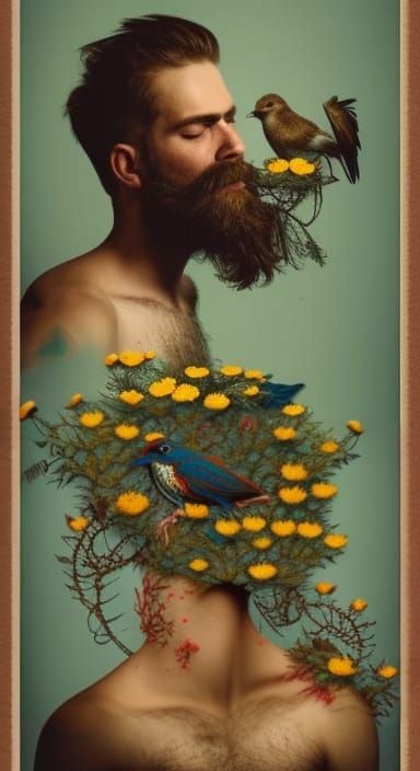 A portrait of a hipster woodcutter, shirtless, chamomile flo...