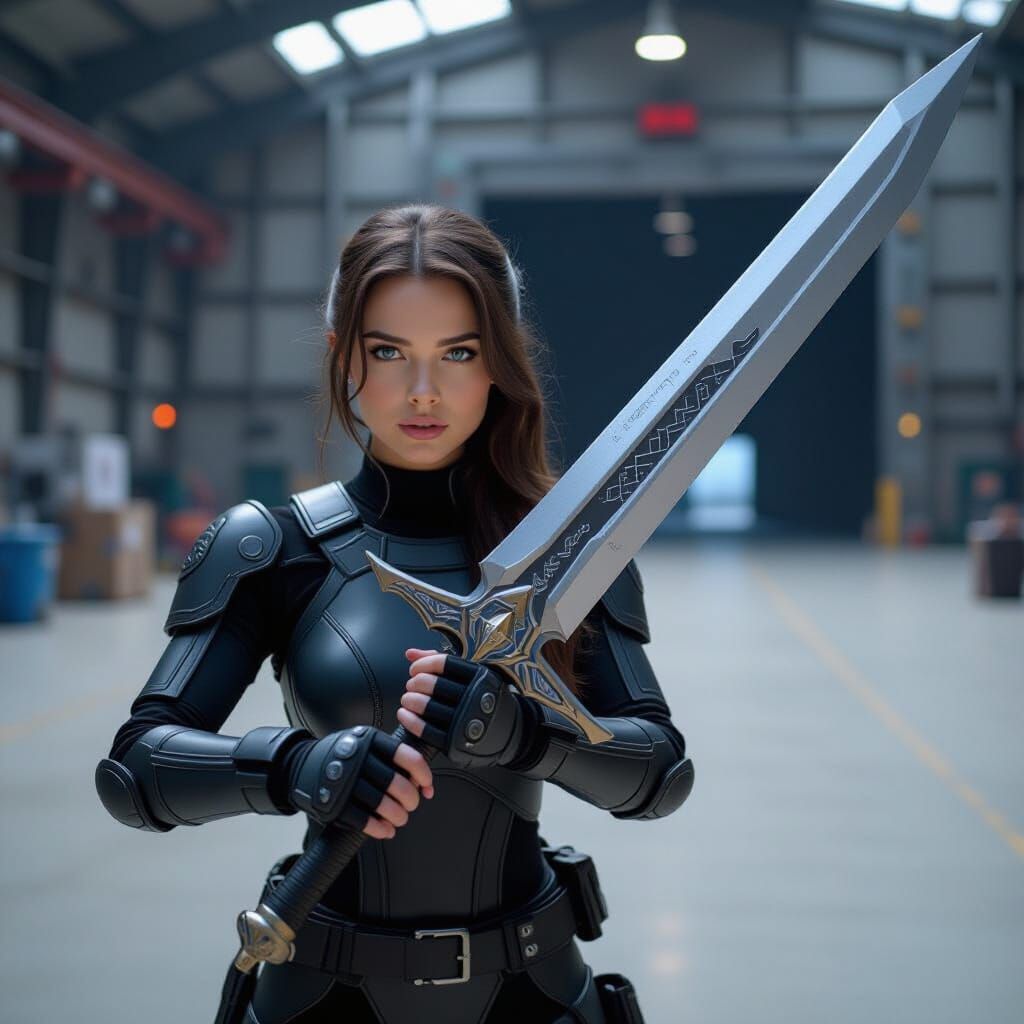 young woman with brown hair and blue eyes, in a motion capture suit, holding a large fantasy sword, with a gigantic warehouse in the backgro...