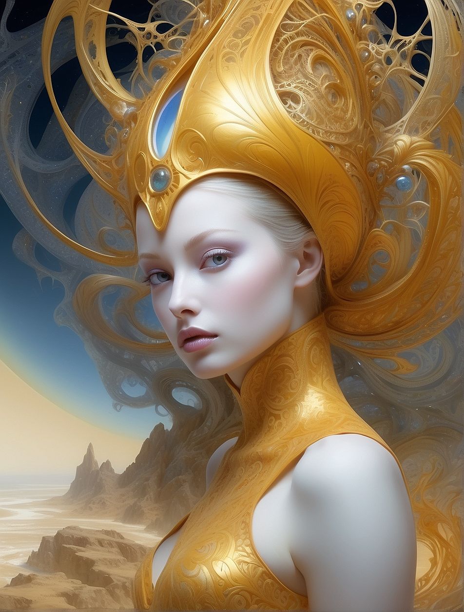 Surreal portrait of a gentle futuristic woman