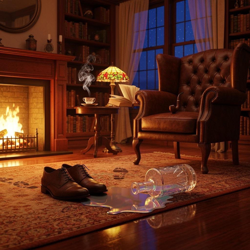 Hyper-realistic digital render of an elegant Victorian study at twilight, the focal point being a pair of expensive leather Oxford shoes sta...