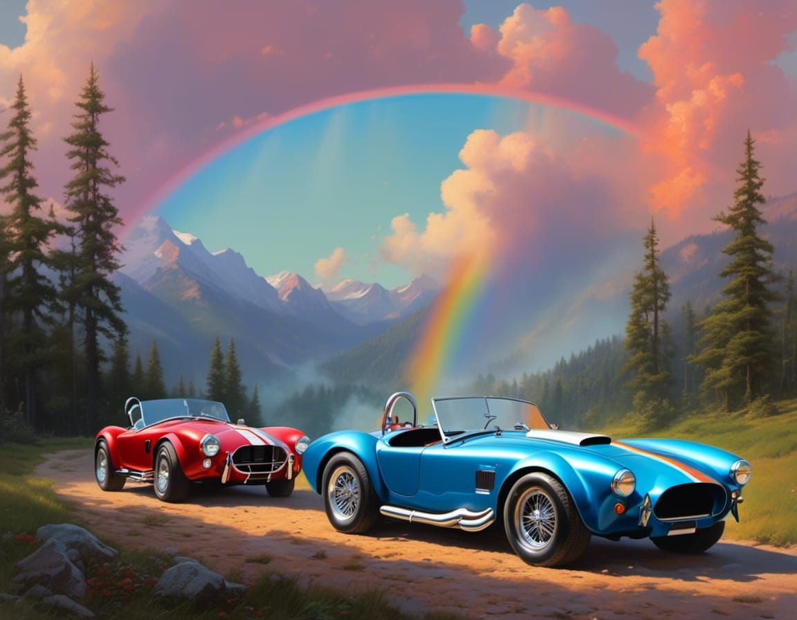 Two cars under a rainbow