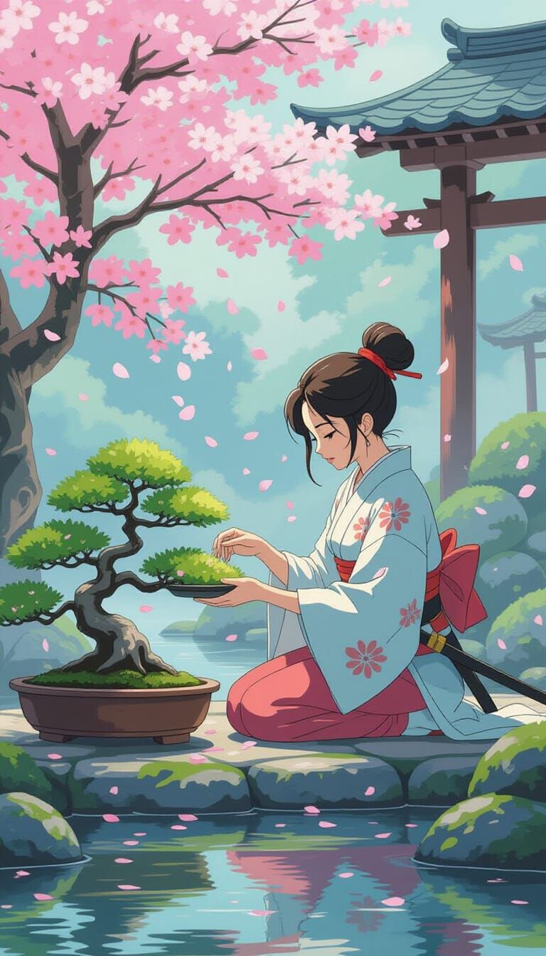 Anime Samurai Tends Bonsai in Misty Cherry Blossom Garden