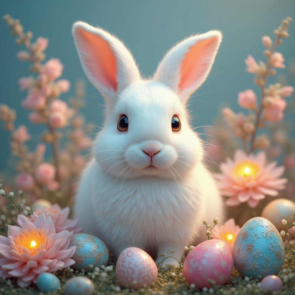 A majestic white bunny surrounded by glowing flowers and eggs   by @Mimi103