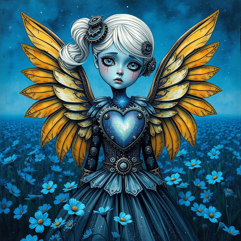 Steampunk Automaton Silhouette in Neo-Surreal Landscape