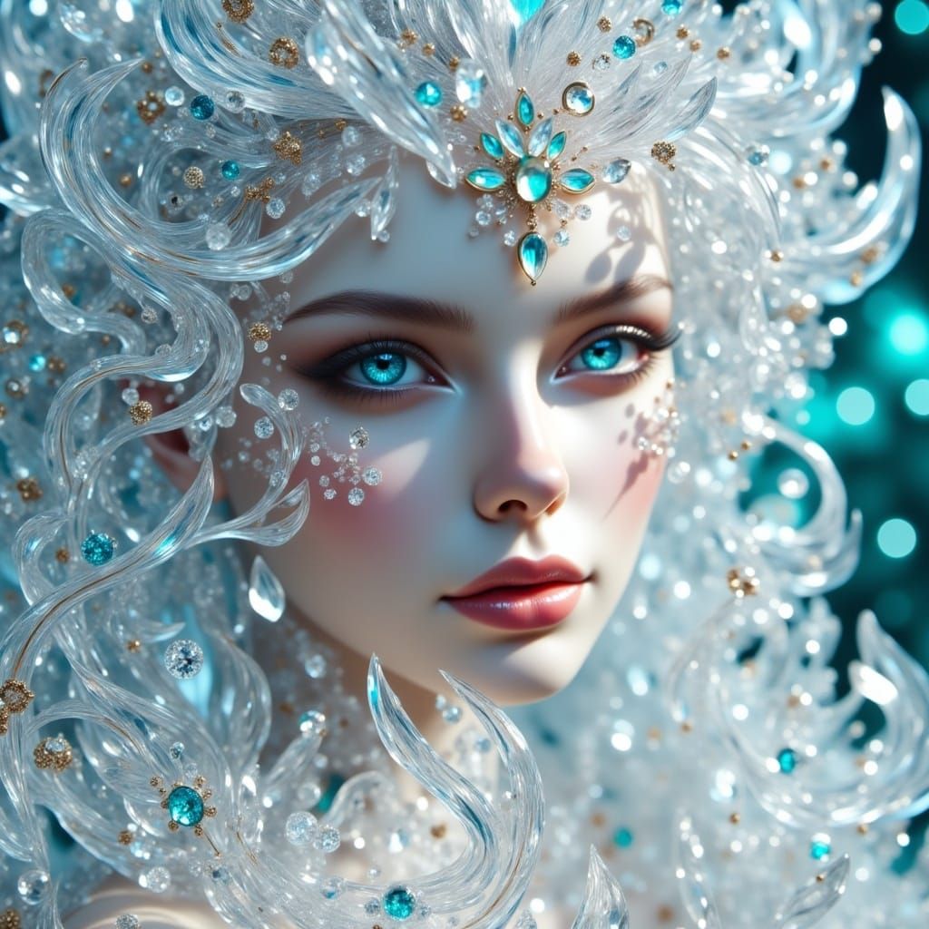 <lora:Crystal Glass Flux:1.0> Stunning woman made of transparent white crystal, covered in shining jewels, sea-colored eyes, precious stones...