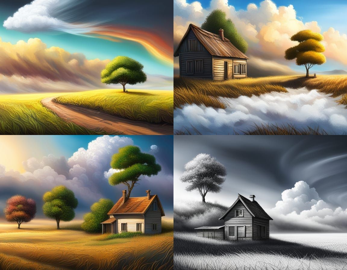 An empty landscape with 1 house and 1 tree and 1 feather clo...