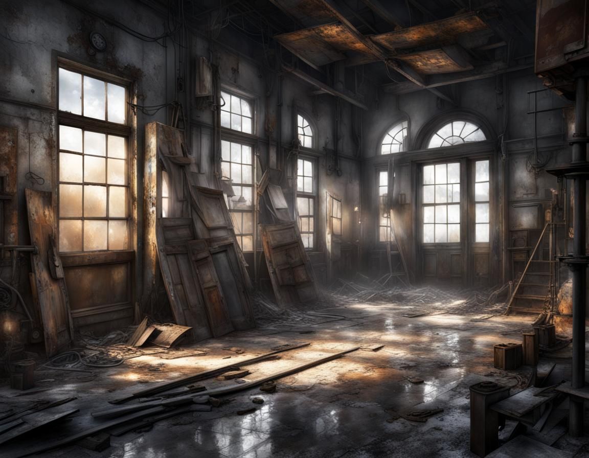 An old industrial Building, rusty doors, broken windows, oil...