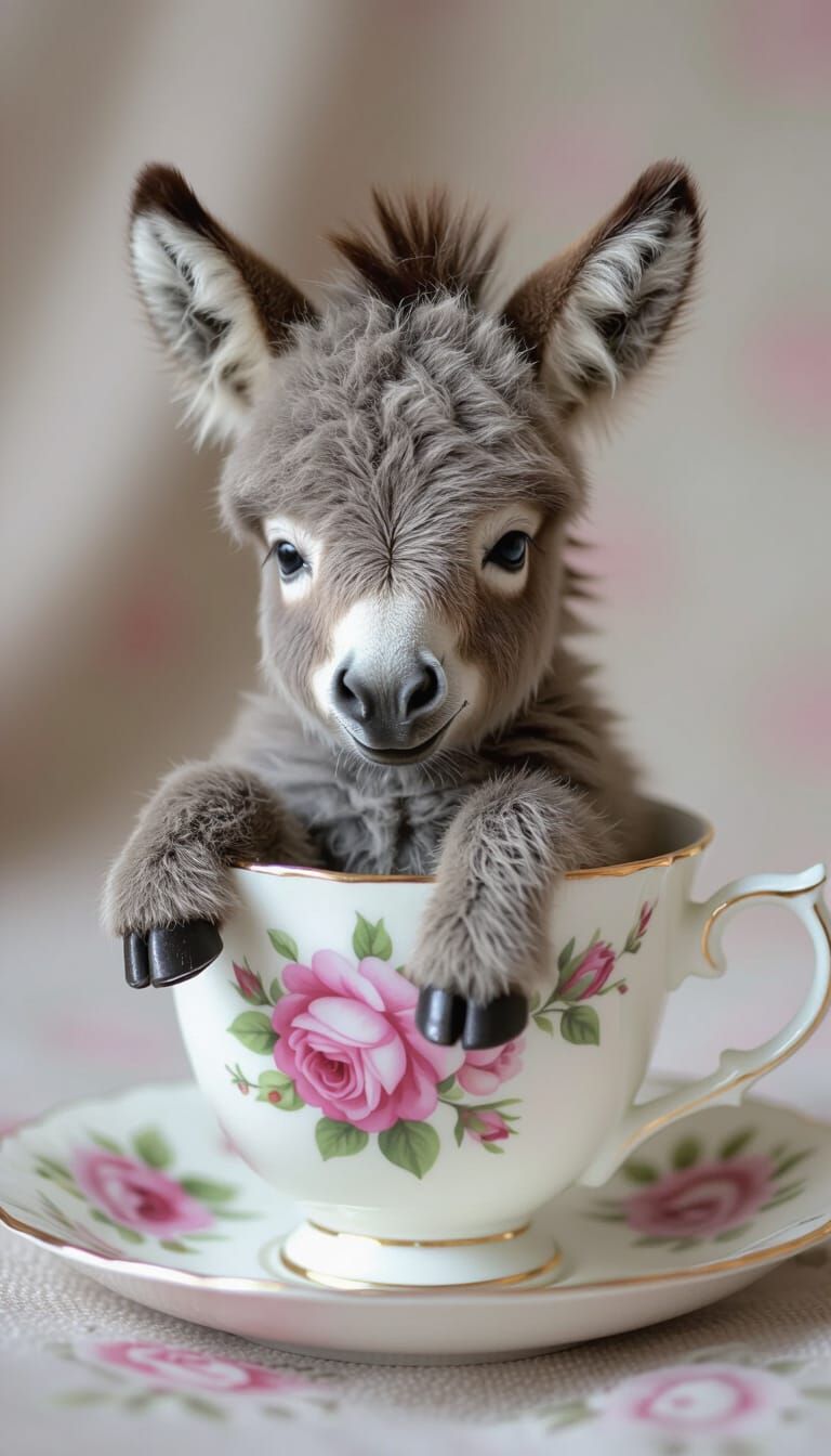  A super miniature baby donkey, sitting in a floral tea cup. His face and body are soft and fuzzy. His fur is a soft gray color. He is sleep...