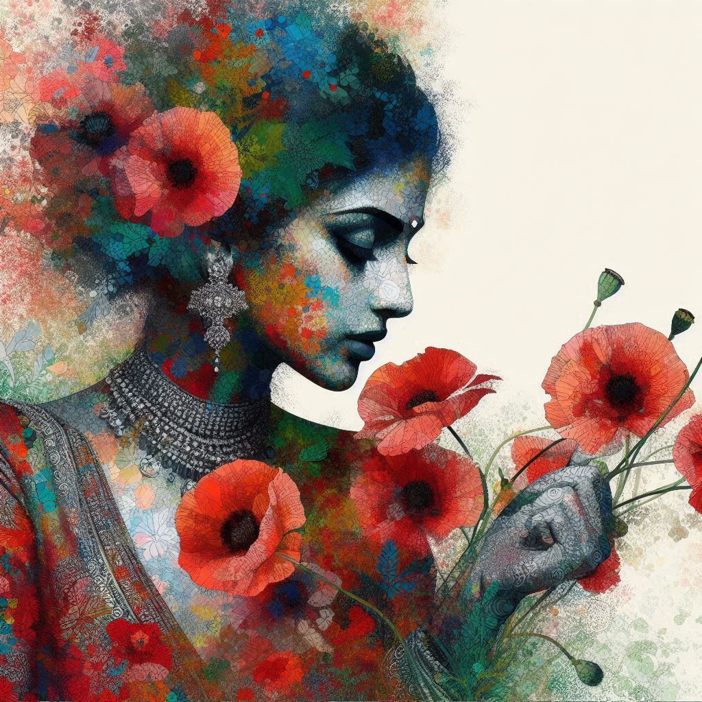 Lady with poppies in the style of trash polka