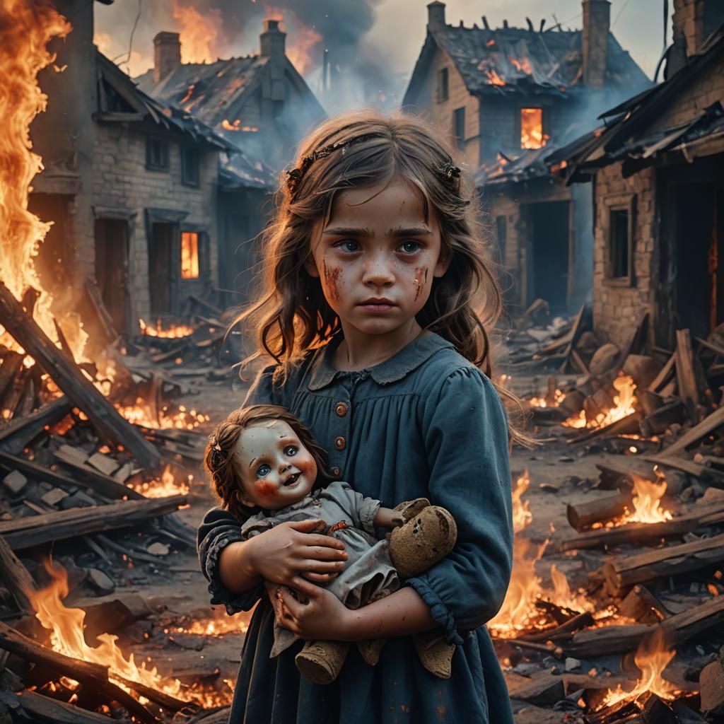Little Girl with Doll in Burning Village