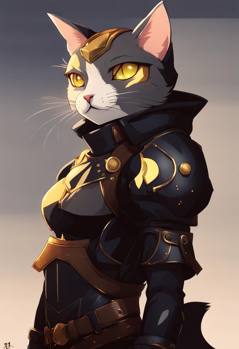 flat chest anthropomorphic black cat wearing armor and cloth...