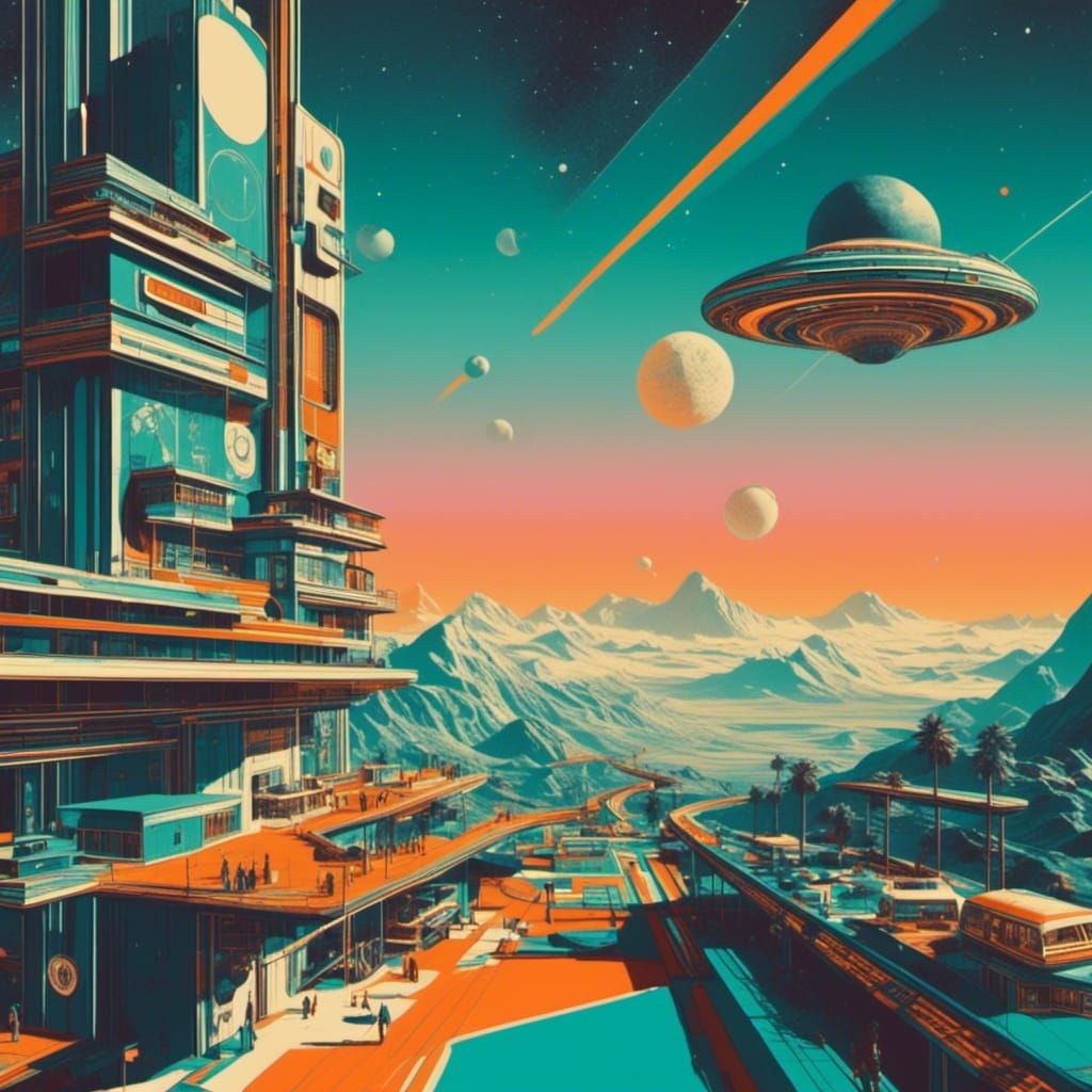 <lora:Retro Sci-Fi Utopia:1.0>
60's vintage scifi style liminal 
space. Screen print, pop art, splash screen art, triadic colors, digital ar...