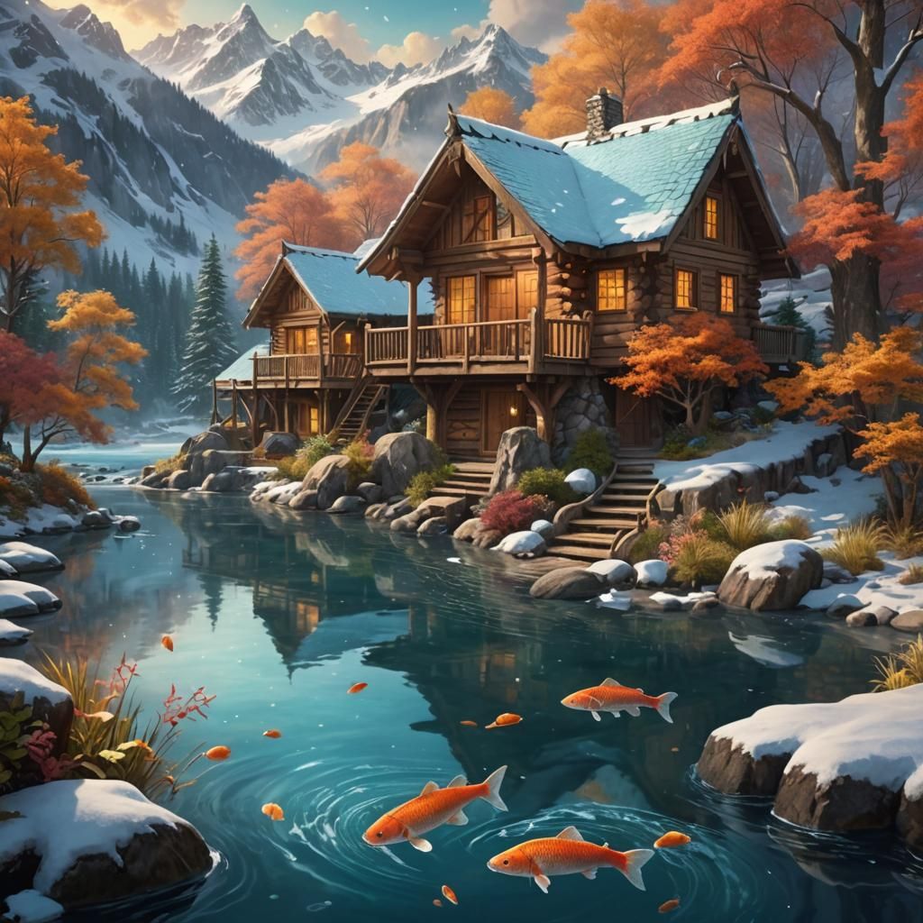 A wood cabin next to a river with coy fish jumping out on a snowy mountian