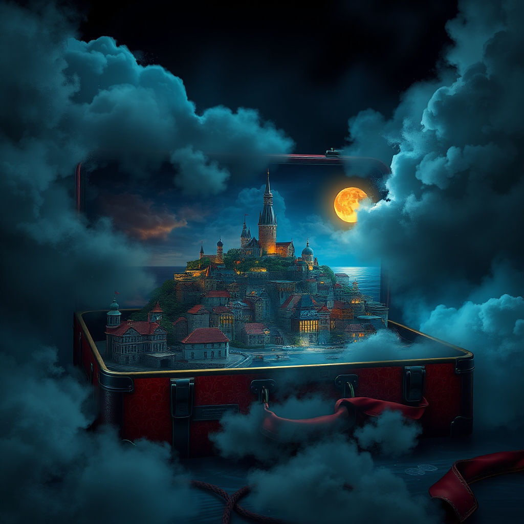 A Suitcase with a Coastal City Inside #2