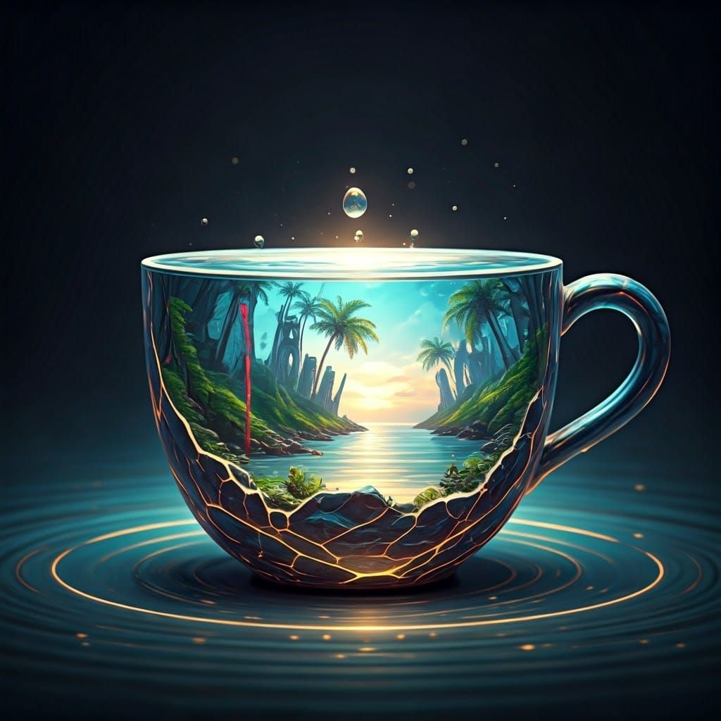 Majestic, Glowing Cup in a Dreamlike Seashore Scene