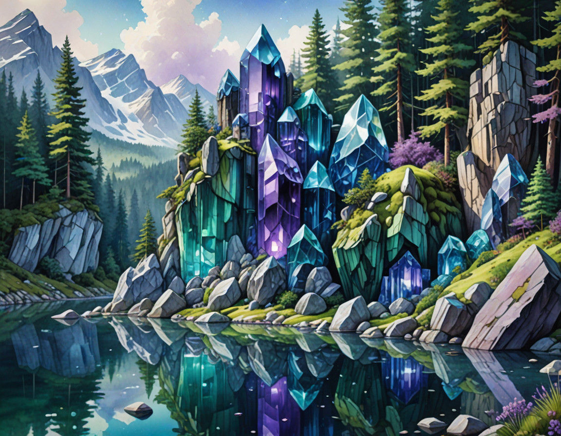 Colossal crystals cliffs in sparkling, glowing, bright amethyst and emerald  by @dhee noerd