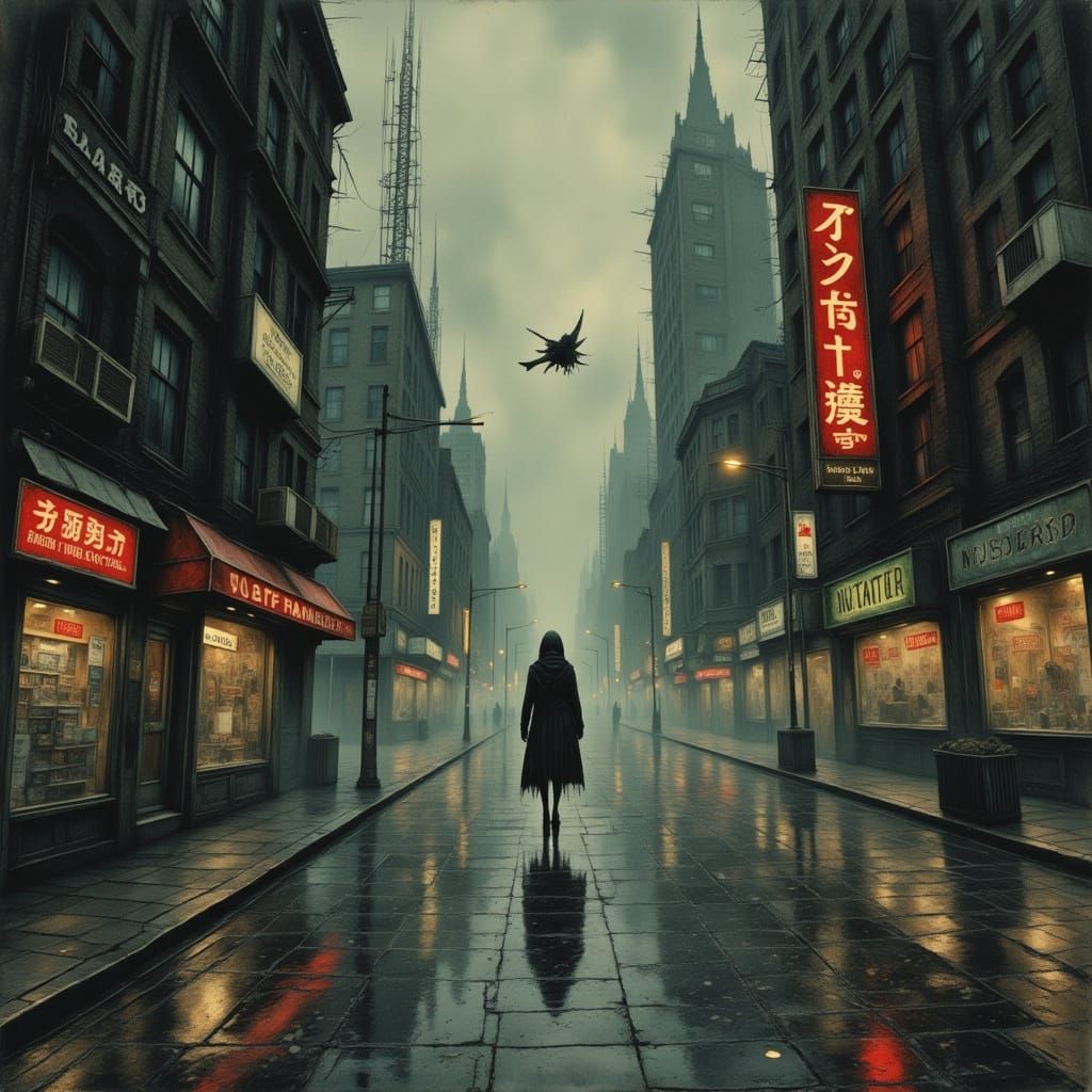 <lora:Dystopian:1.0> <lora:Drizzle:1.0> (The streets lay empty; no one risked going out. A lone skimmer flew by, unsummoned, with no destina...