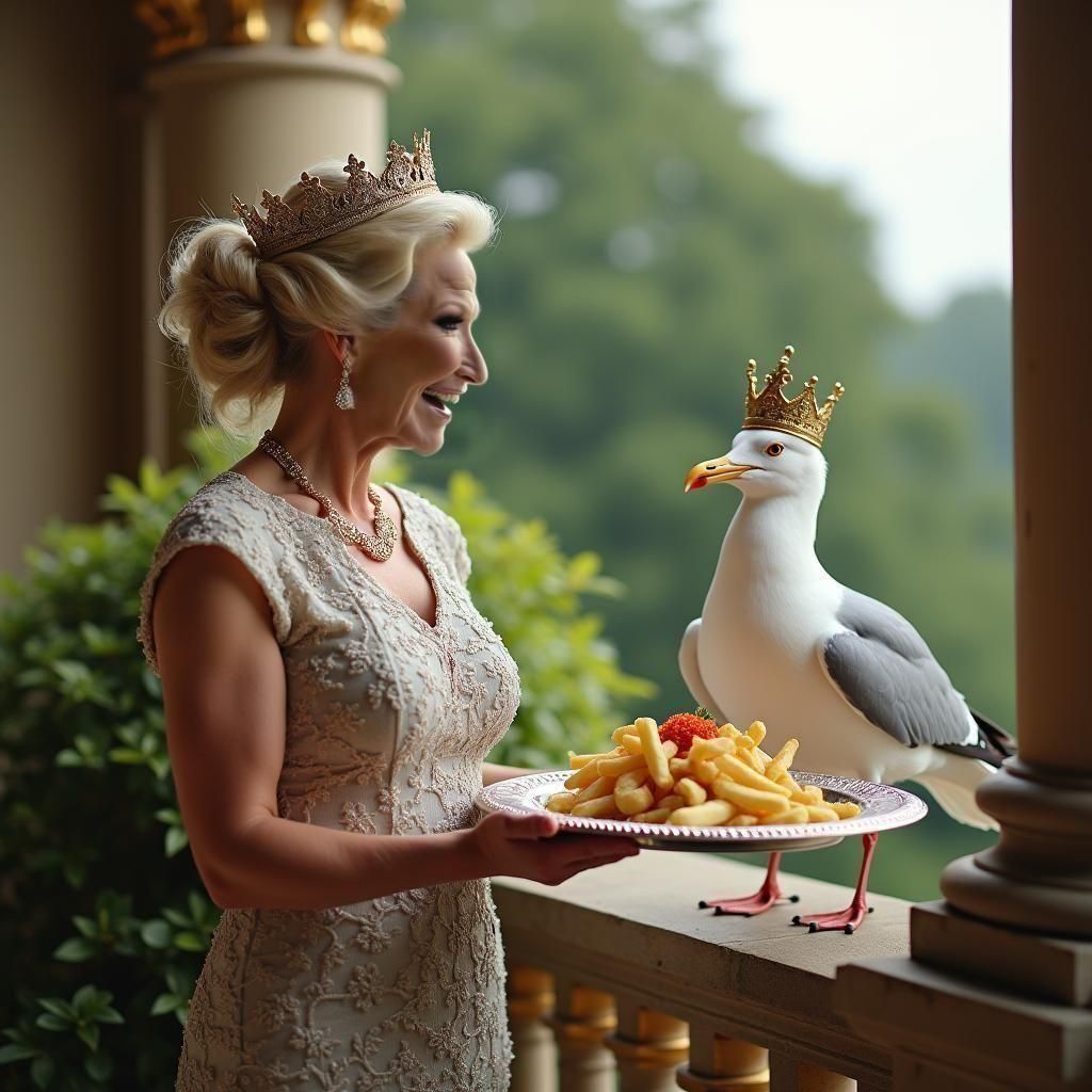 jocelyn wildenstein serves a silver platter of fish and chips with mushy peas to a friendly crown-wearing royal seagull on the balcony at Bu...