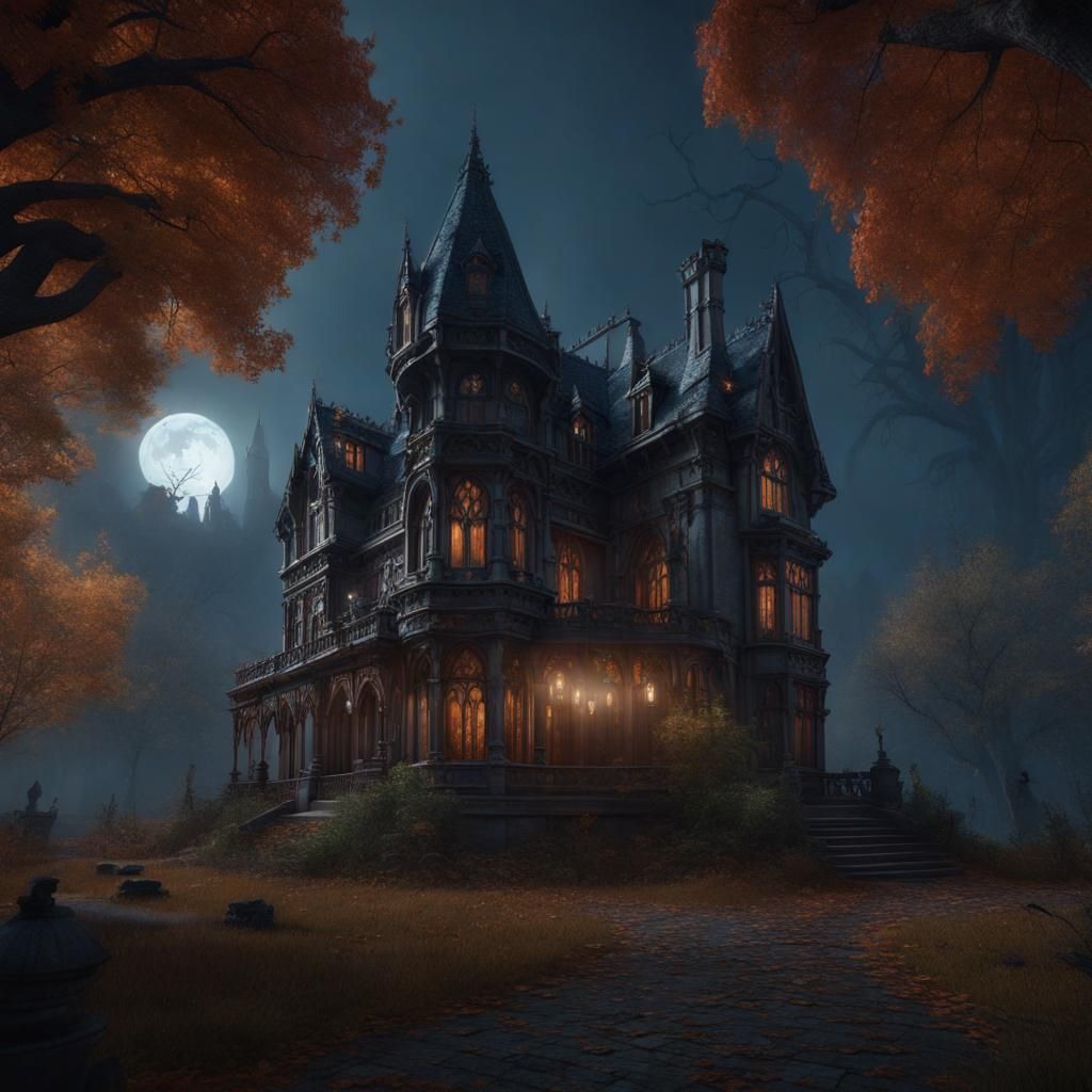 Gothic Mansion in Fall Moonlight - AI Generated Artwork - NightCafe Creator