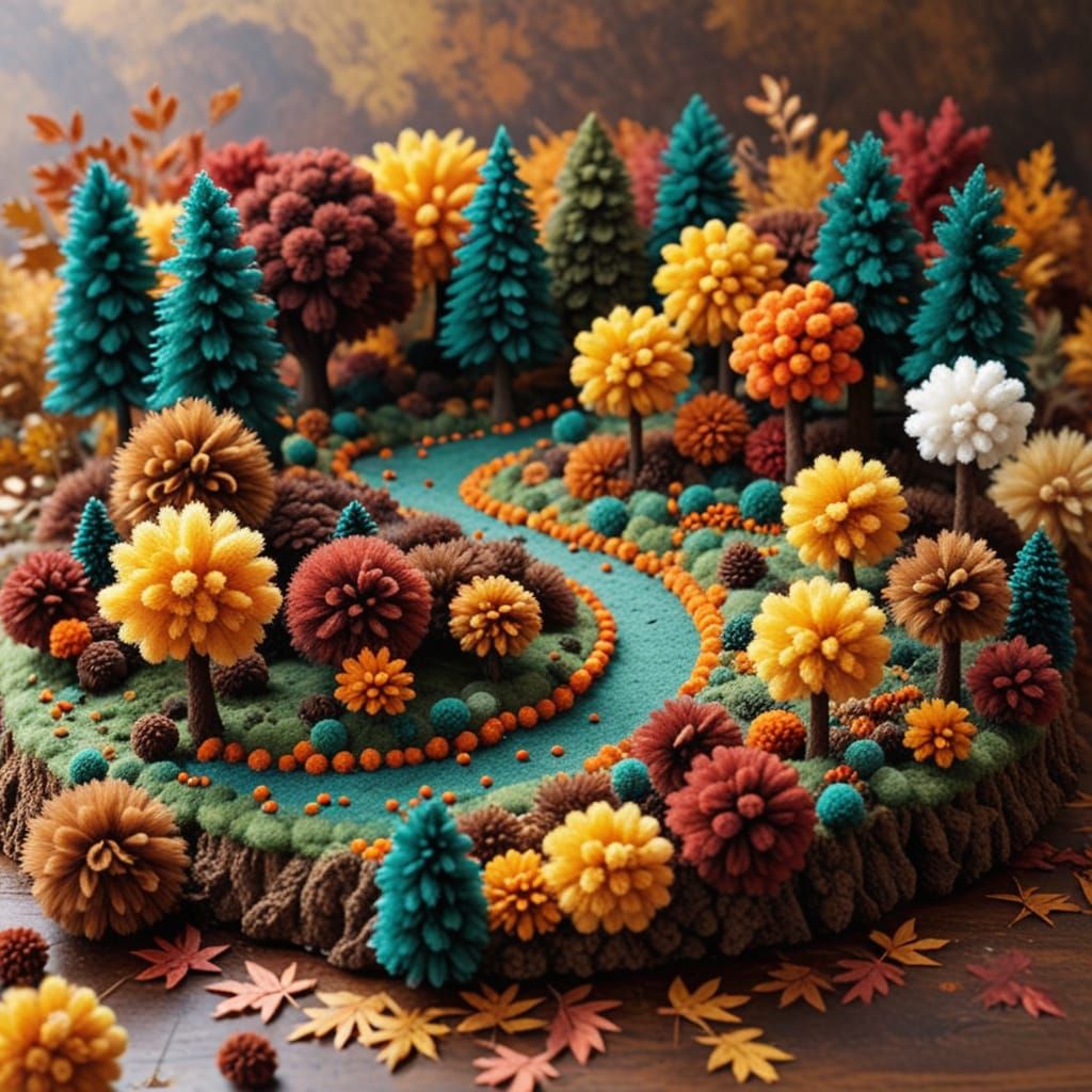 Autumn forest made entirely out of pom poms. 