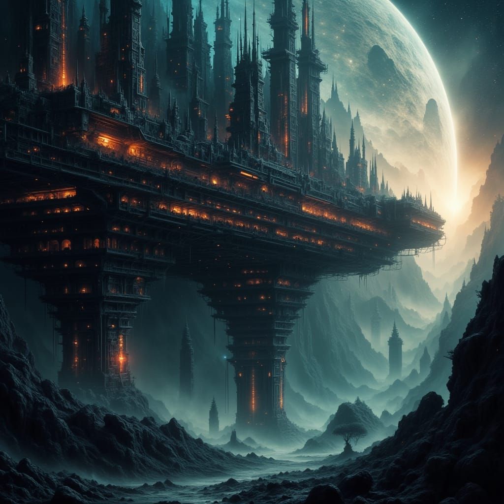 <lora:Abstract Reality:1.0> A massive, ominous space station orbiting above a dark, lifeless planet — a vision of cold, mechanical cosmic ho...