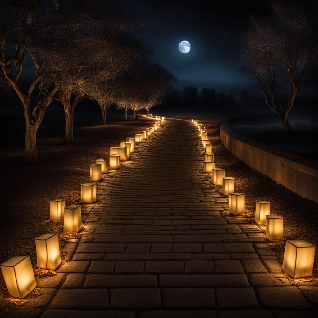 Luminary bags on a pathway at night  by @Gramma_to_2