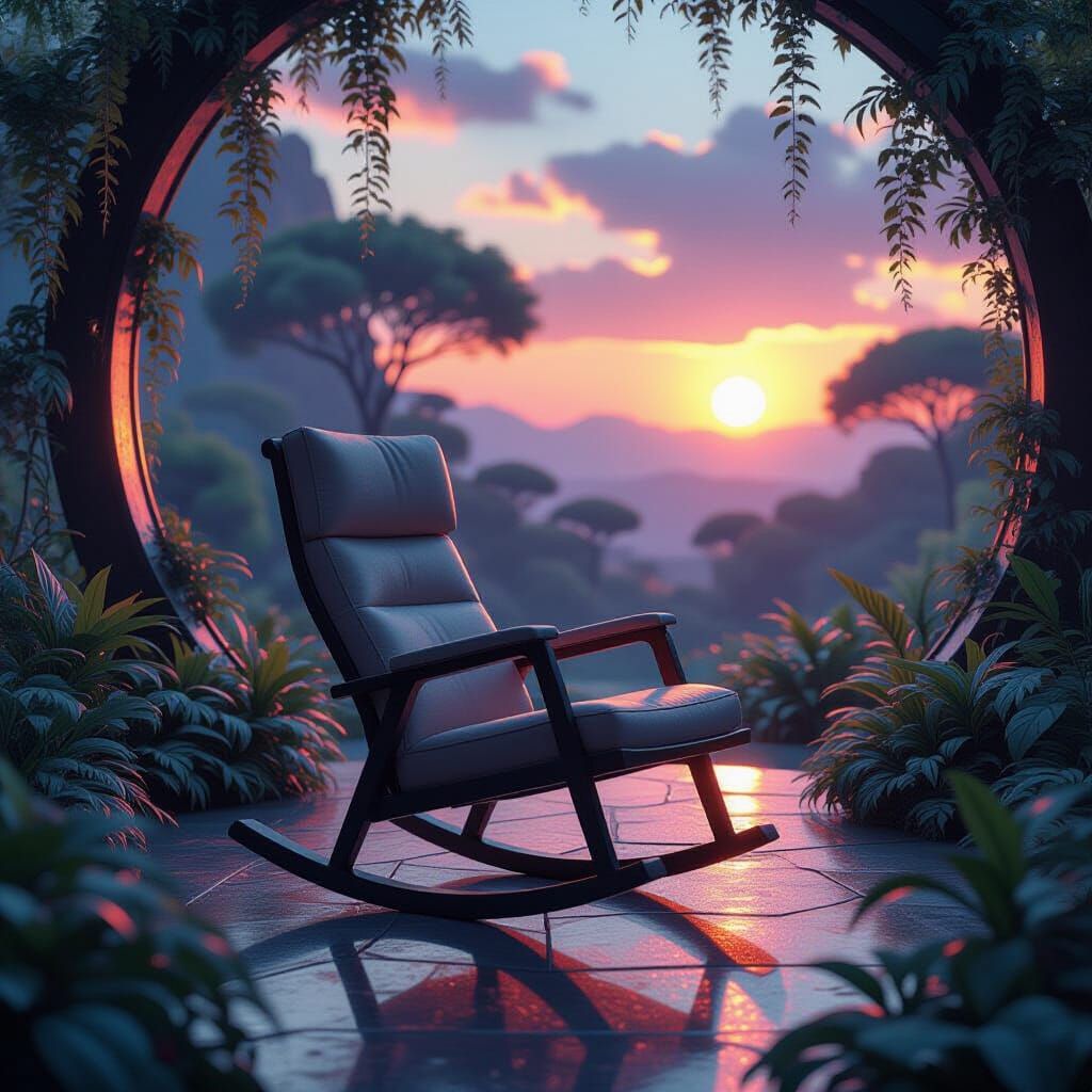 A rocking chair crafted from sleek, l materials floats serenely in the middle of a lush, alien garden, ...  by @Chuma Sam