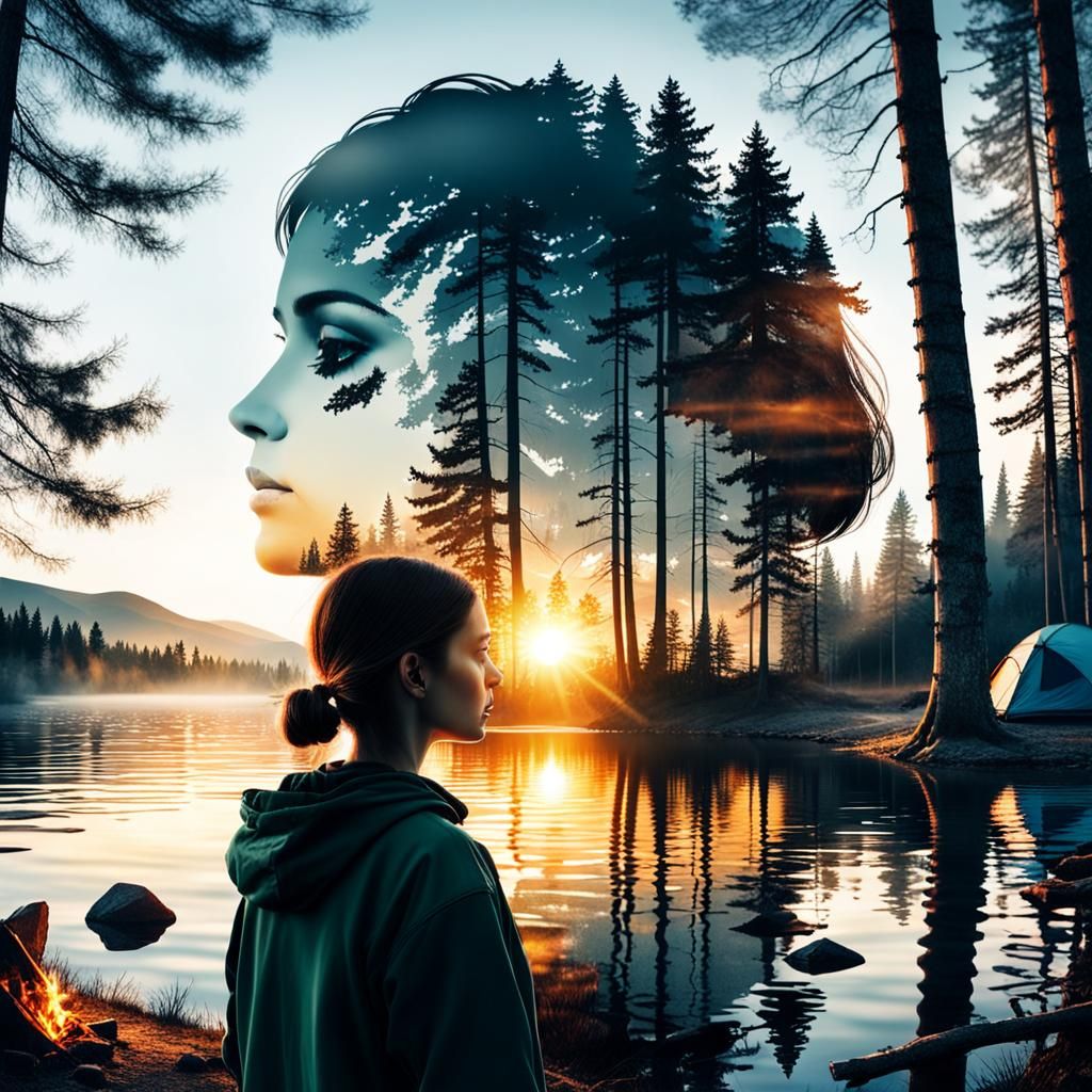 double exposure of the camping by the lake blending into a f...