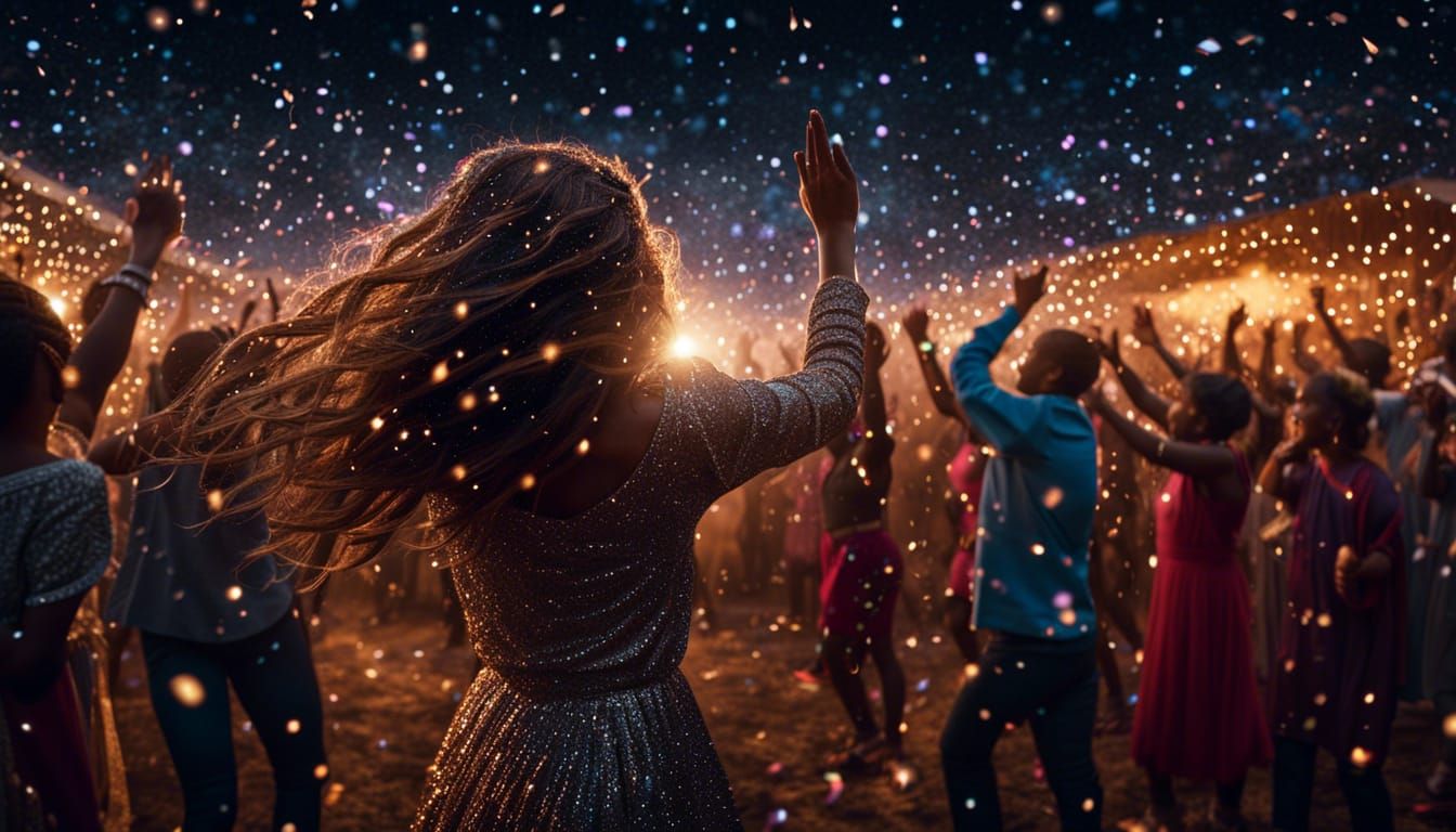 An award winning photograph of  shiny glitter raining down f...