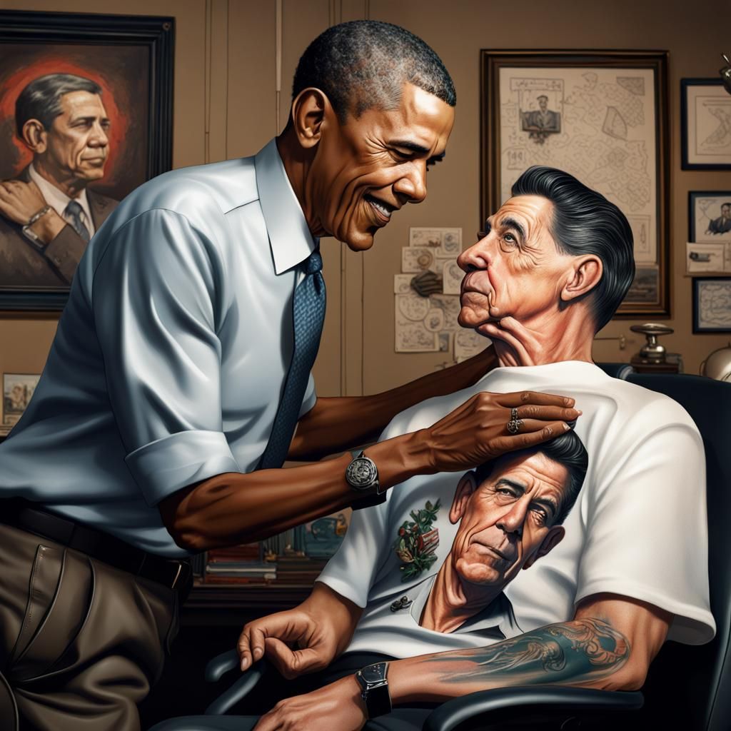 Barack Obama getting a Ronald Reagan tattoo on his arm,  Nor...